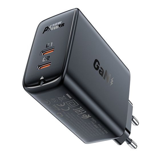 Acefast Dual-Port-Ladegerät A29 PD50 W GaN (USB-C + USB-C), schwarz (A29 black)