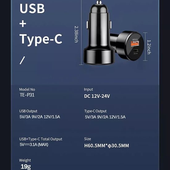 Techsuit Premium (CAPD028) Nabíječka do auta, USB-A, USB-C, QC 3.0, 38W, černá