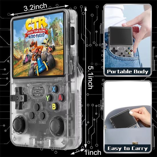 R36S Преносима игрова конзола с 3,5" IPS дисплей, ArkOS Linux система, черна