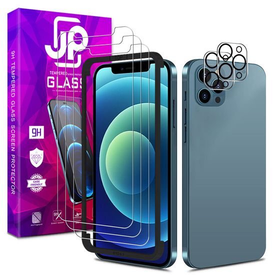 JP Mega Pack Tvrzených skel, 3 skla na telefon s aplikátorem + 2 skla na čočku, iPhone 12 Pro