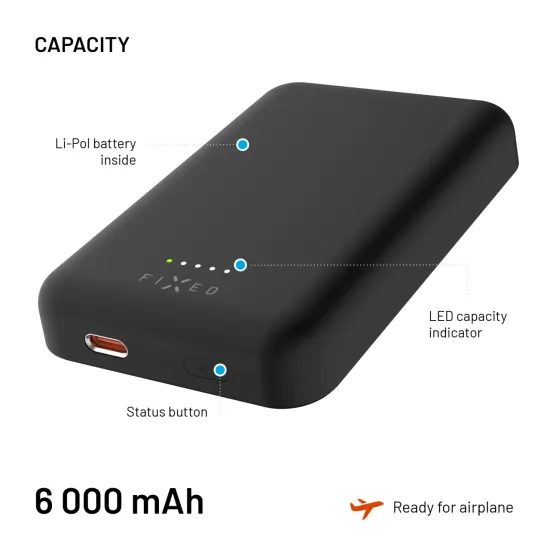 FIXED MagZen (2. generáció) powerbank vezeték nélküli töltéssel és MagSafe támogatással, 10 000 mAh, fekete