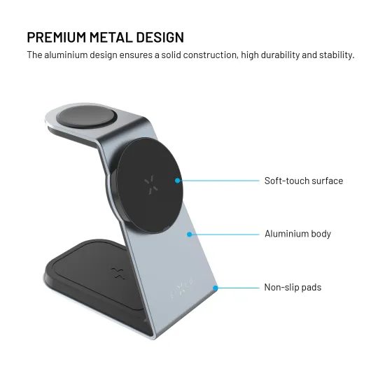 3 az 1-ben vezeték nélküli töltőállvány FIXED MagPowerstation Alu MagSafe támogatással, 15W+3.5W+2.5W, űrszürke