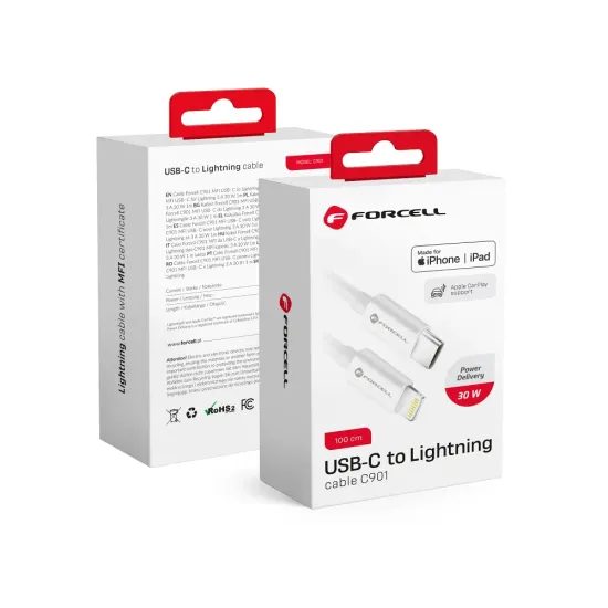 Forcell καλώδιο USB-C - Lightning, MFi, 3A/9V, 30W, C901, 1 μ, λευκό