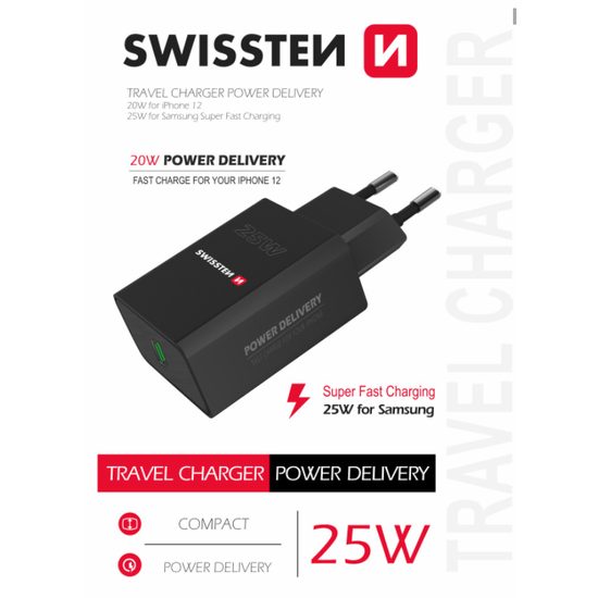 Swissten strujni adapter PD 25W za iPhone i Samsung, crni