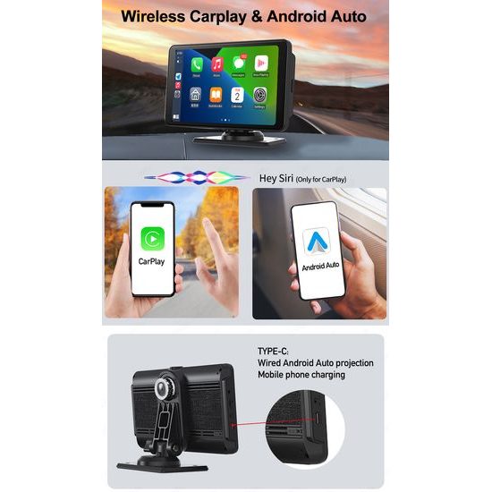 7" CarPlay zaslon za auto s bežičnim CarPlay i Android Auto, 2K autokamerom i stražnjom kamerom