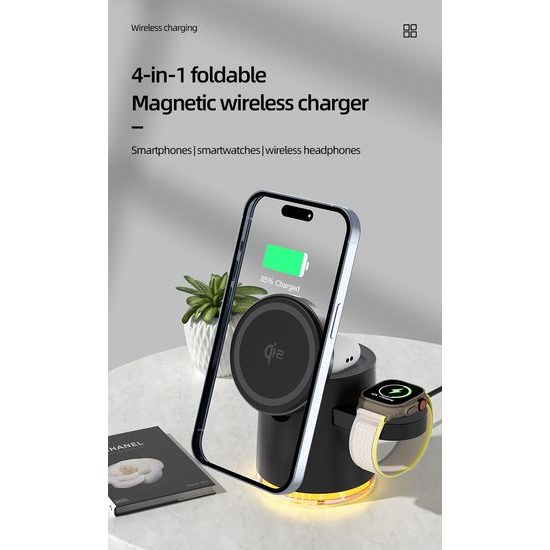 4σε1 Έξυπνος Ασύρματος Φορτιστής με LED Φωτισμό, Qi, Μαύρο