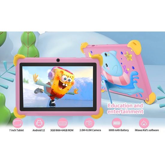 Детски таблет 7" Android 13, 32 GB, 4G, здрав калъф, розов
