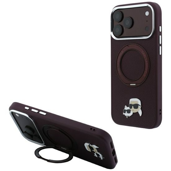 Karl Lagerfeld Leather Ring Stand 360 KC Pin MagSafe ümbris iPhone 17 Pro / 18 Pro – veininpunane