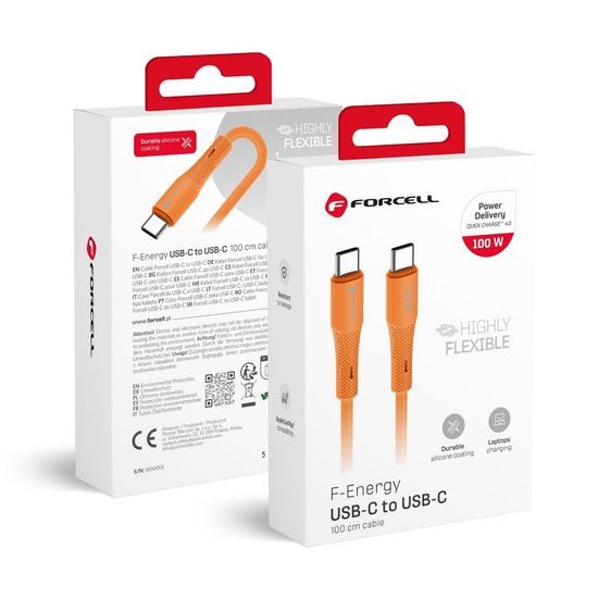 Cablu Forcell F-Energy USB-C - USB-C, QC4.0, PD, 5A, 100W, 1 m, portocaliu