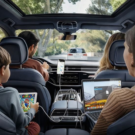 Lisen Avtopolnilec USB-A + USB-C s USB-C kablom, 170 W, GaN, 12V/24V, 1 m, črn