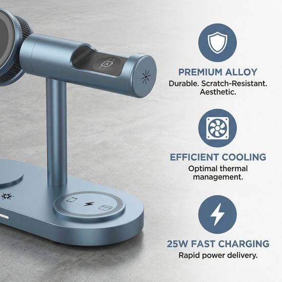 Qi2.2 MagSafe Nabíjecí stanice 5v1 s aktivním chlazením, 25 W a 360° rotací pro iPhone, Apple Watch, AirPods, Android, modrá