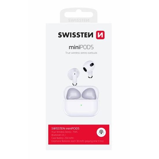 Swissten miniPODS TWS bezdrátová sluchátka Bluetooth, bílá