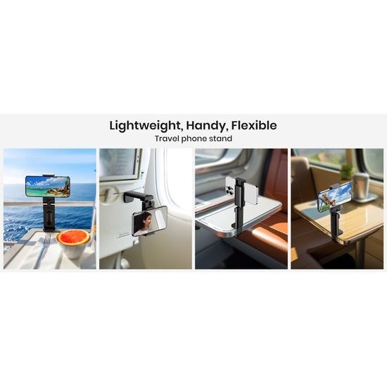 360° Καθολική περιστρεφόμενη αναδιπλούμενη βάση τηλεφώνου για ταξίδια με τοποθέτηση σε τραπεζάκι, κάθισμα και επιφάνεια, μαύρη