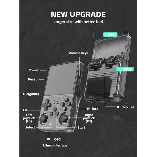 R36S Преносима игрова конзола с 3,5" IPS дисплей, ArkOS Linux система, черна