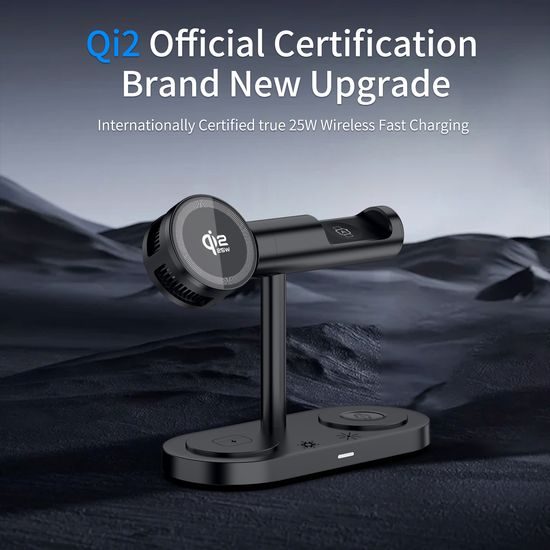 Stația de încărcare Qi2.2 MagSafe 5în1 cu răcire activă, 25W și rotație 360° pentru iPhone, Apple Watch, AirPods, Android, gri