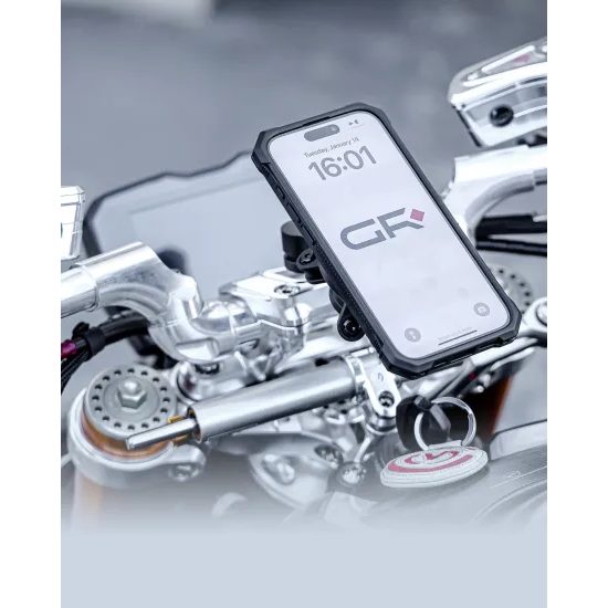 GRxplore Motorrad Handyhalterung für Lenker mit zertifiziertem Qi2 kabellosen Laden - Wasserdicht IP68 - CNC-gefräste Aluminiumlegierung