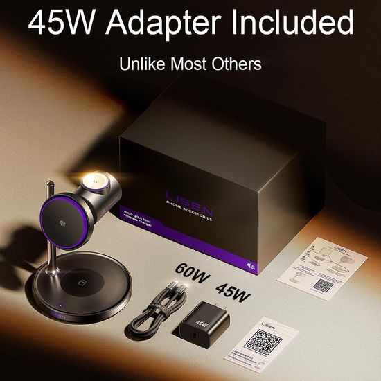 Lisen W120 Kabellose Ladestation 3-in-1 für Smartphone, Apple Watch & AirPods - Qi2.2 - 25W - Aktive Kühlung - Schwarz