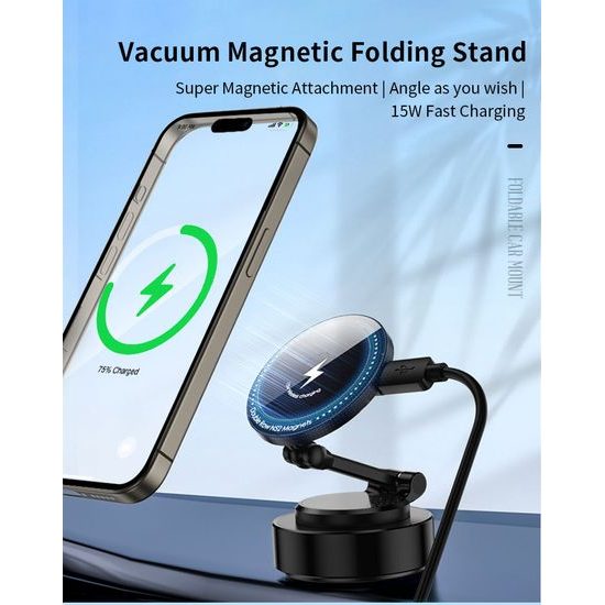 360° 15W μαγνητική ασύρματη βάση τηλεφώνου με βεντούζα και ρυθμιζόμενο βραχίονα, μαύρη, C48
