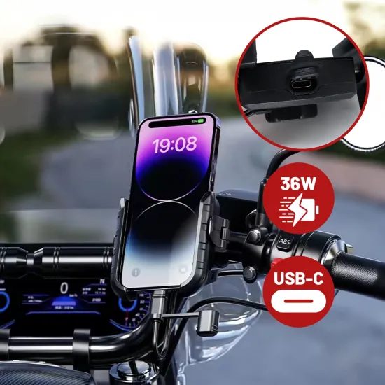 Kewig 360° Motociklistični držalo za telefon z polnjenjem 36 W, USB-C, črn