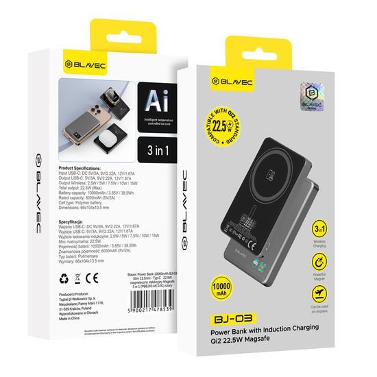 Blavec BJ-03 Slim 3u1 MagSafe powerbank USB-C, 10000mAh, 22,5W, siva
