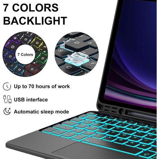 JP Magnetische Hülle mit Bluetooth-Tastatur, Touchpad, Beleuchtung und Stylus-Halter, S7 / S8 / S9 / S9 FE / S10 FE / S10 Lite / S11, schwarz