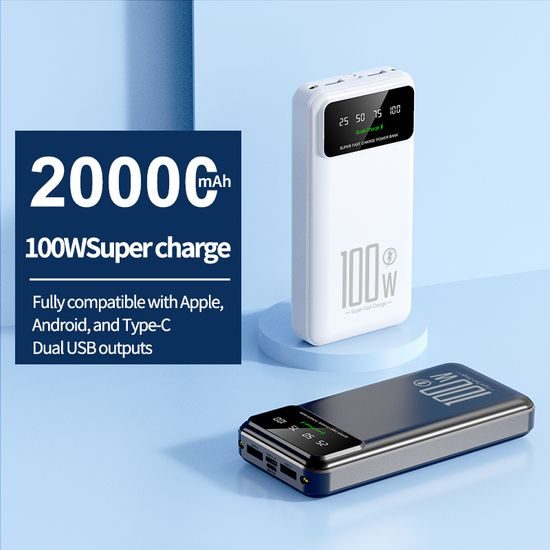 Powerbank 20000mAh mit 100W Super Charge und QC3.0 - LED-Licht - Weiß