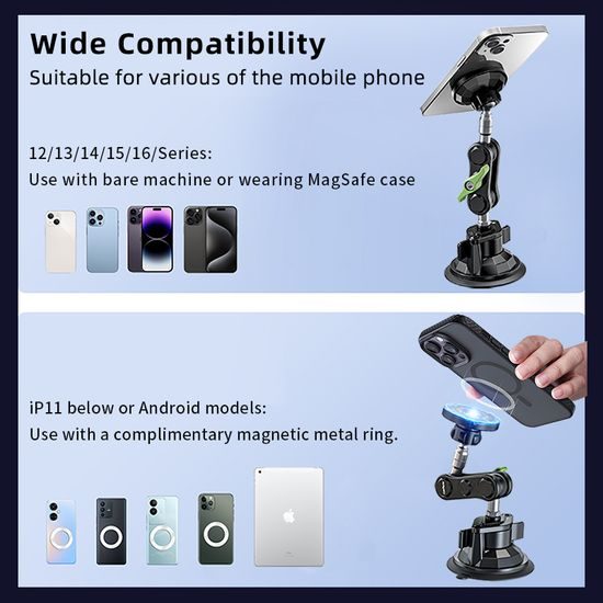LanParte RBA-M01 Magnetische Telefoonhouder voor Auto - met Vacuüm Zuignap - 360° Verstelbaar - MagSafe geschikt