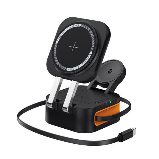 Caricatore wireless 4in1 per telefono, orologio, auricolari, con cavo USB-C retrattile, Qi, 25W, nero