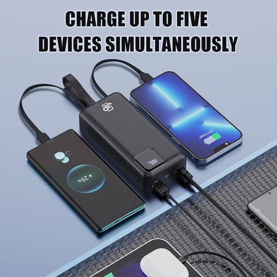 JP Powerbank z dvema vgrajenima kabloma, 30000 mAh, USB-C + Lightning, z LED lučko, PD 22,5W, črna