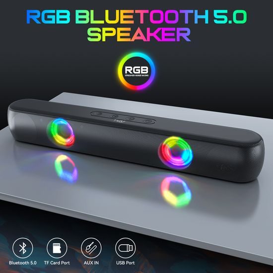 T-WOLF BT320 RGB Soundbar für PC und Gaming - Stereo Lautsprecher mit Bluetooth 5.0 - 7 RGB Beleuchtungsmodi