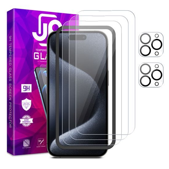 JP Mega Pack Tvrdených skiel, 3 sklá na telefón s aplikátorom + 2 sklá na šošovku, iPhone 15 Pro MAX