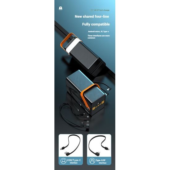 Power Bank 120.000 mAh, 22.5W PD, 4 USB + 2 καλώδια, LED φώτα, λευκό