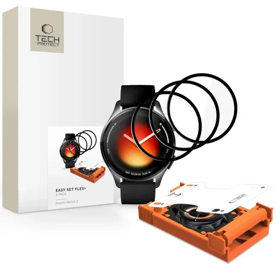 Tech-Protect Vetro Ibrido Easy Set Flex+, Xiaomi Watch 5, nero, 3 pezzi