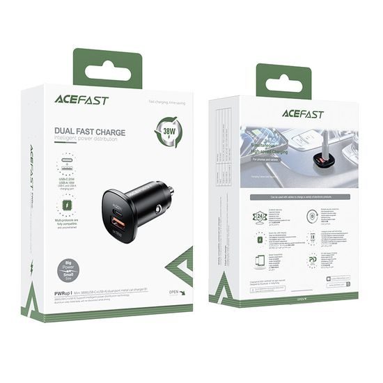 Acefast avto polnilnik 38 W USB-C / USB, PPS, Power Delivery, Quick Charge 3.0, AFC, FCP, črn (B1 črn)