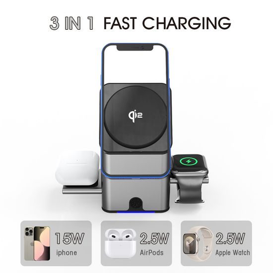 MagCube Pro Qi2 Έξυπνος Αναδιπλούμενος 3σε1 Ασύρματος Φορτιστής με MagSafe με Φόρτιση 15W, Γκρι