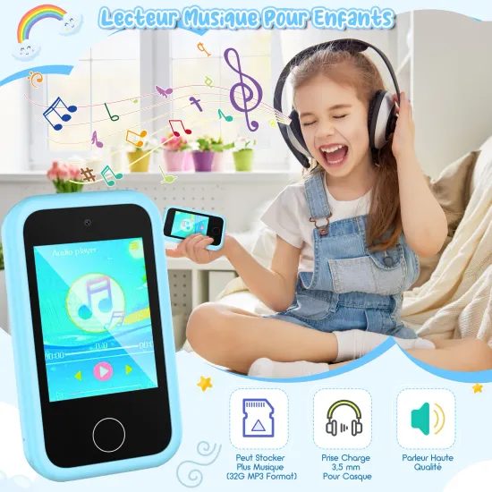 Smartphone til børn med spil, MP3, dual kamera og touchskærm, Dino