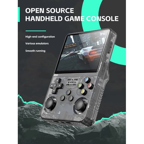 R36S Преносима игрова конзола с 3,5" IPS дисплей, ArkOS Linux система, черна