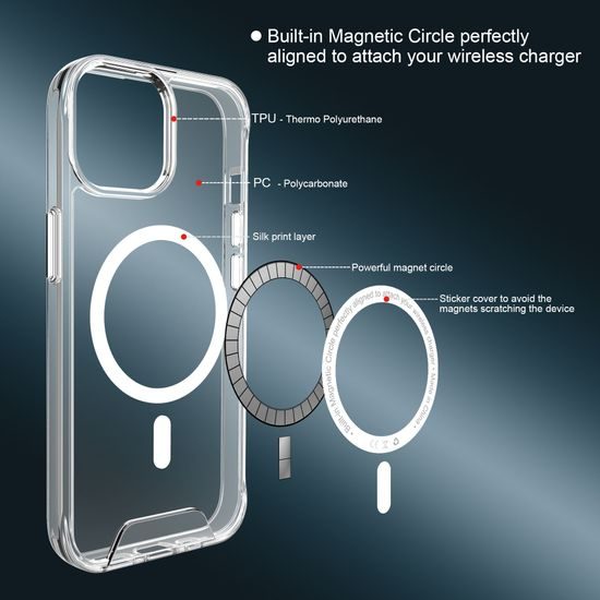 JP MagFit MagSafe etui z certyfikatem SGS 1.2M, iPhone 15 Pro Max, przezroczysty