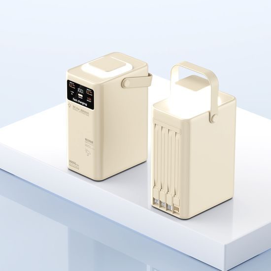 Powerbank 80.000mAh με 4 ενσωματωμένα καλώδια, 2x USB-A, 1x USB-C, PD, QC 3.0, LED φως camping, μπεζ