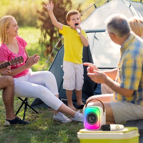 Onikuma L7 Mini prenosni karaoke zvočnik z 2 brezžičnima mikrofonoma, bež