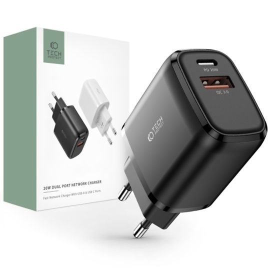 Tech-Protect C20W 2-portová nabíječka, PD20W/QC3.0, černá