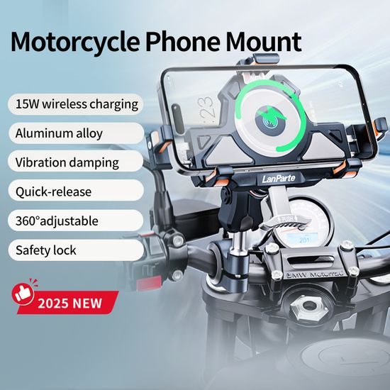 LanParte UBA-MC Motorrad Handyhalterung mit 15W kabellosem Laden - Smartphone Halterung mit Vibrationsdämpfung