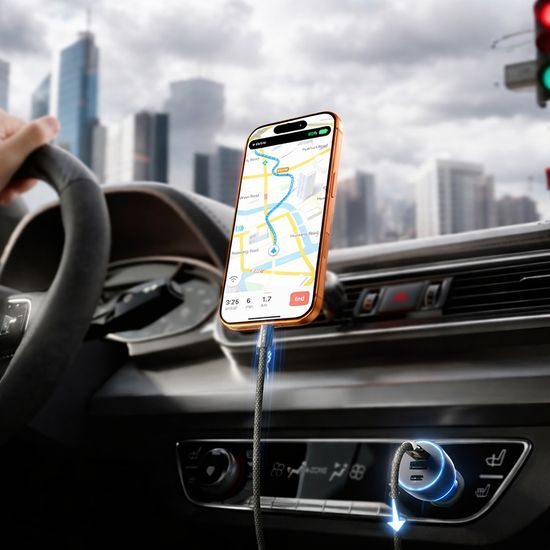 Lisen Φορτιστής Αυτοκινήτου USB-A + 2× USB-C με καλώδιο USB-C, 170 W, GaN, 12V/24V, 2 m, μαύρο