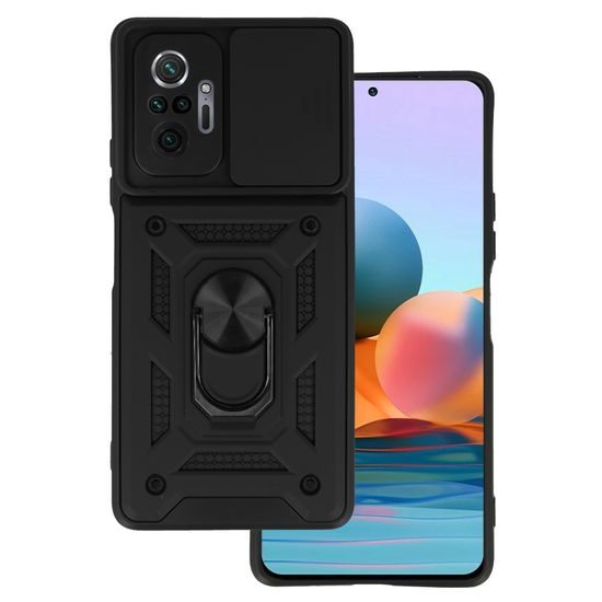Xiaomi Redmi Note 10 Pro Hoesje - Slide Camera Armor Case - met Camera Cover & Standaard - Zwart