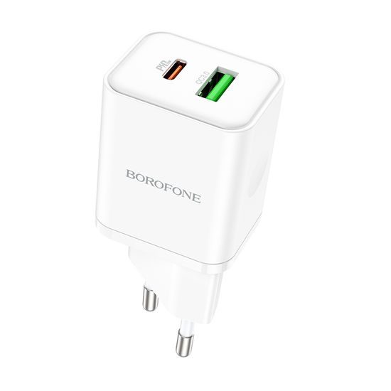 Încărcător Borofone BN7, USB + USB-C, QC 3.0, PD 20W, alb