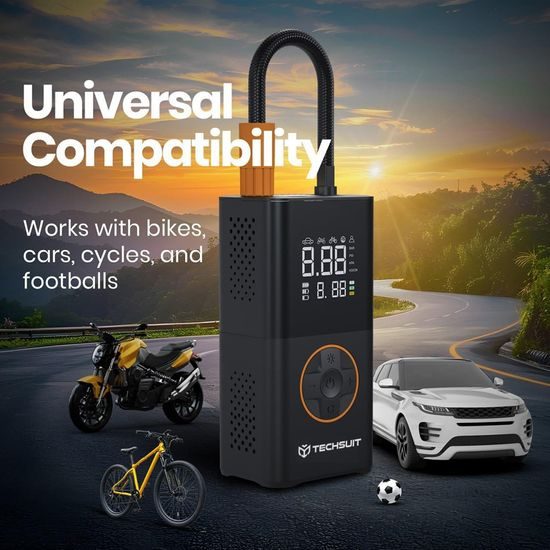 Techsuit (AI1) Kabelloser Kompressor GoInflate mit LED-Taschenlampe - 4000 mAh Akku - Digitaler Luftkompressor für Auto, Motorrad, Fahrrad - 150 PSI - Schwarz