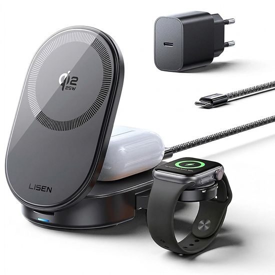 Lisen W121 3in1 Wireless Ladestation für iPhone, Apple Watch & AirPods - 45W, MagSafe 25W, Qi2.2 - Schwarz