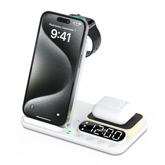 FoldCharge Clock 5 Pro Αναδιπλούμενος 5 σε 1 ασύρματος σταθμός φόρτισης με ρολόι και φωτιστικό νυκτός, λευκό