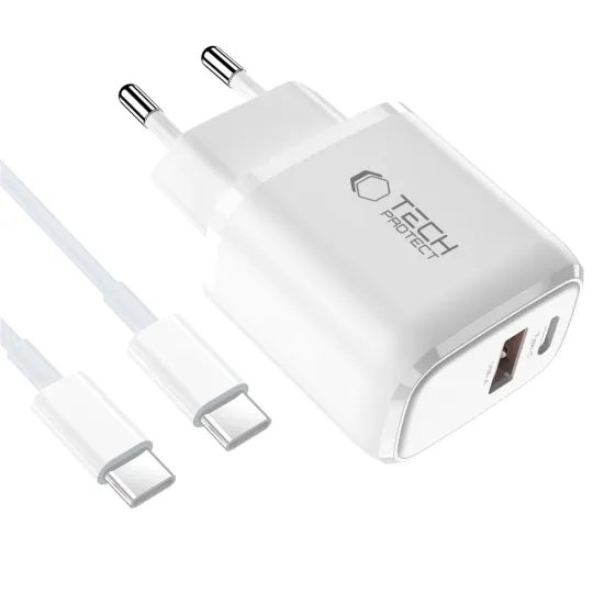 Tech-Protect NCA20 2-portni mrežni punjač PD 20W / QC3.0 + USB-C kabel, bijeli