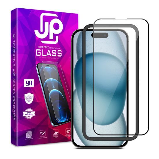 JP 3D sklo s inštalačným rámom, iPhone 15 Plus, čierne